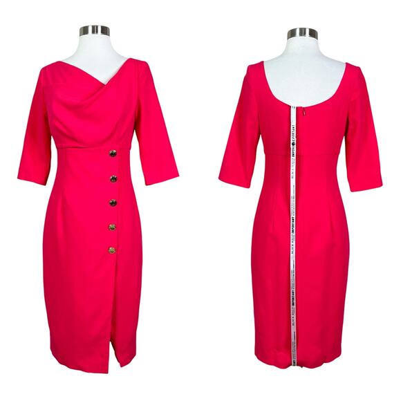 NEW Black Halo | Edeline Hot Pink Draped Button Sheath Designer Classy Dress NWT - Picture 1 of 11